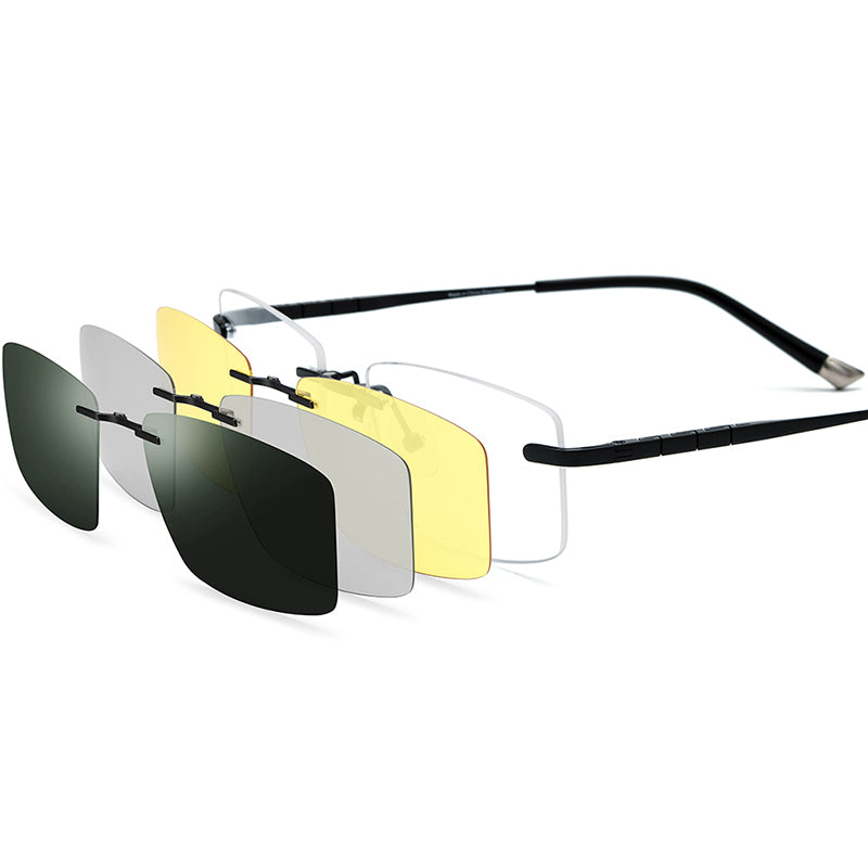 Titanium Rimless Glasses Frame with Magnetic Clip-On Lenses - Black - MCROONS