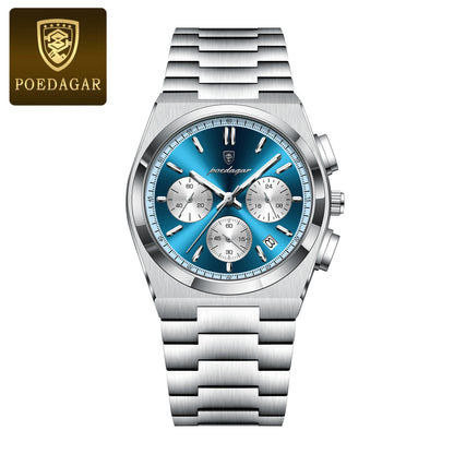 Poedagar 970 Men's Luxury Chronograph Quartz Watch – Stainless Steel Band, Waterproof, Luminous, Date
