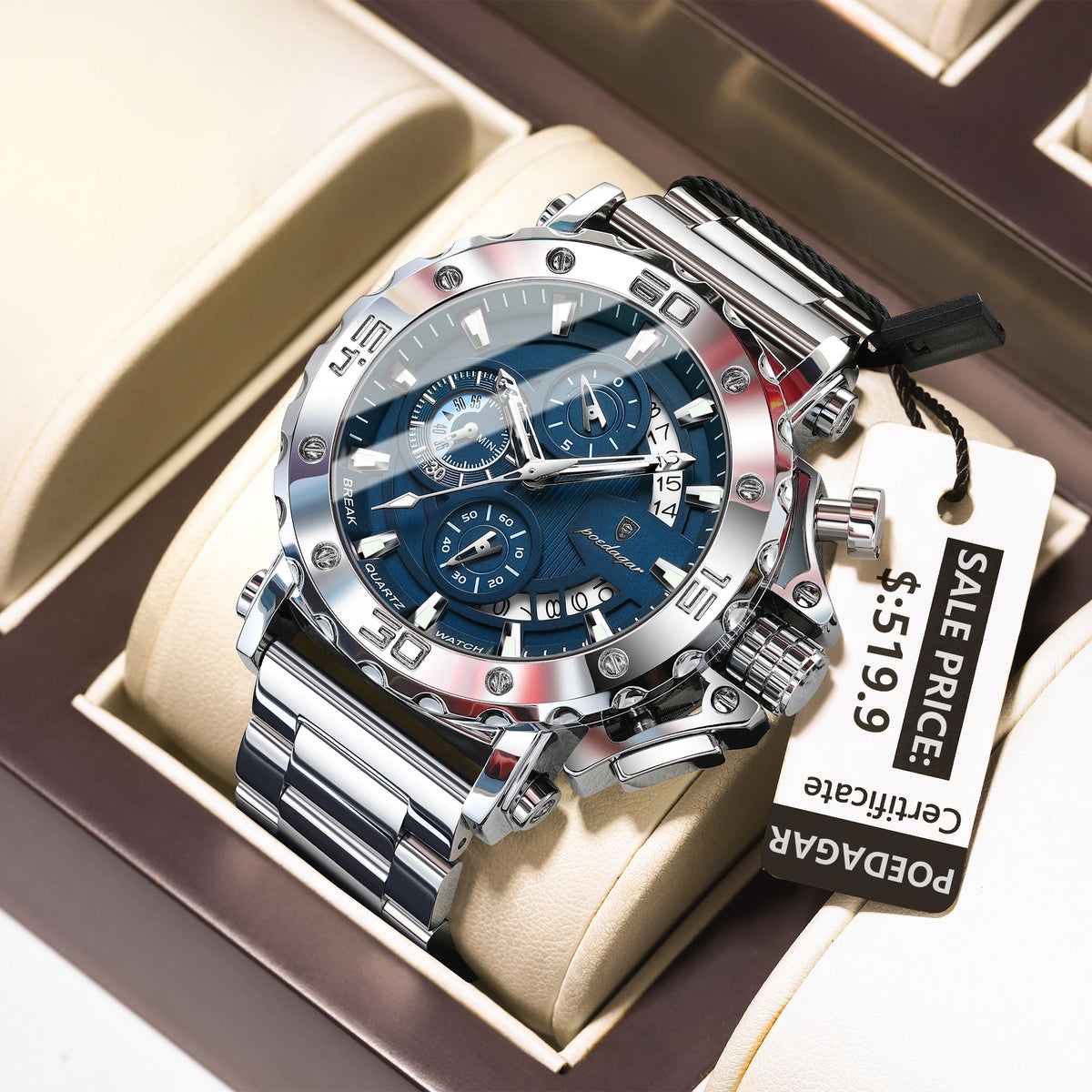 Poedagar 892 Men's Luxury Chronograph Quartz Watch – Stainless Steel Band, Waterproof, Luminous, Date