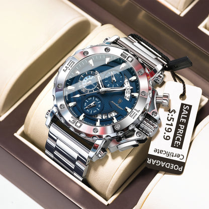 Poedagar 892 Men's Luxury Chronograph Quartz Watch – Stainless Steel Band, Waterproof, Luminous, Date