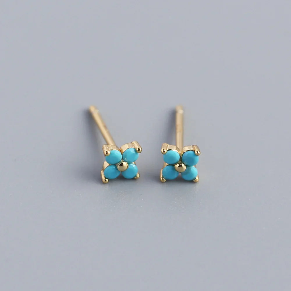 KR Simple Diamond S925 Silver INS Four Leaf Flower Earrings Sweet and Small Colorful Flower Earrings