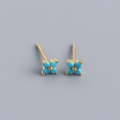 KR Simple Diamond S925 Silver INS Four Leaf Flower Earrings Sweet and Small Colorful Flower Earrings