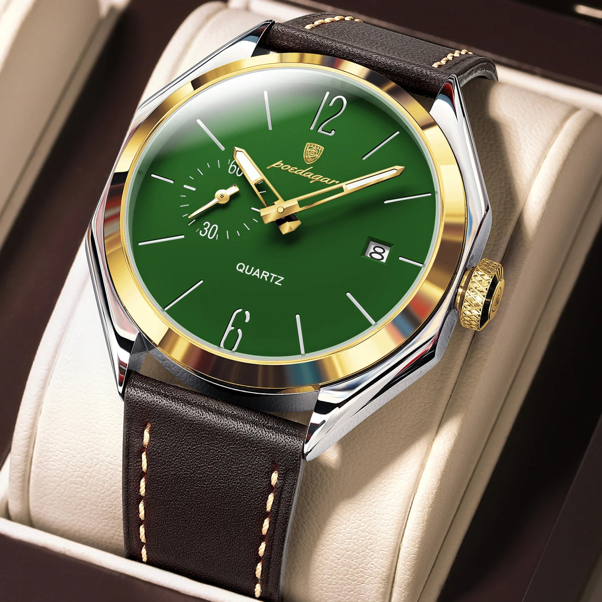 Poedagar 689 Men's Luxury Quartz Watch – Leather Strap, Waterproof, Luminous, Date