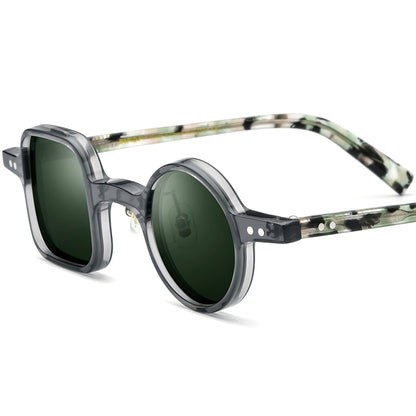 Retro Asymmetric Acetate Polarized Sunglasses - Gray Frame Dark Green Lens - MCROONS