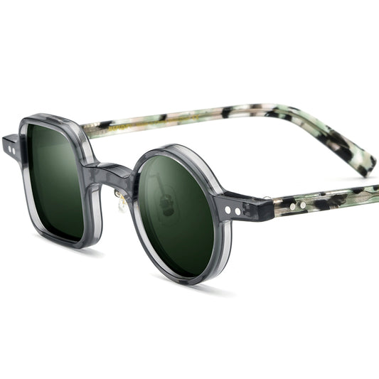 Retro Asymmetric Acetate Polarized Sunglasses - Gray Frame Dark Green Lens - MCROONS