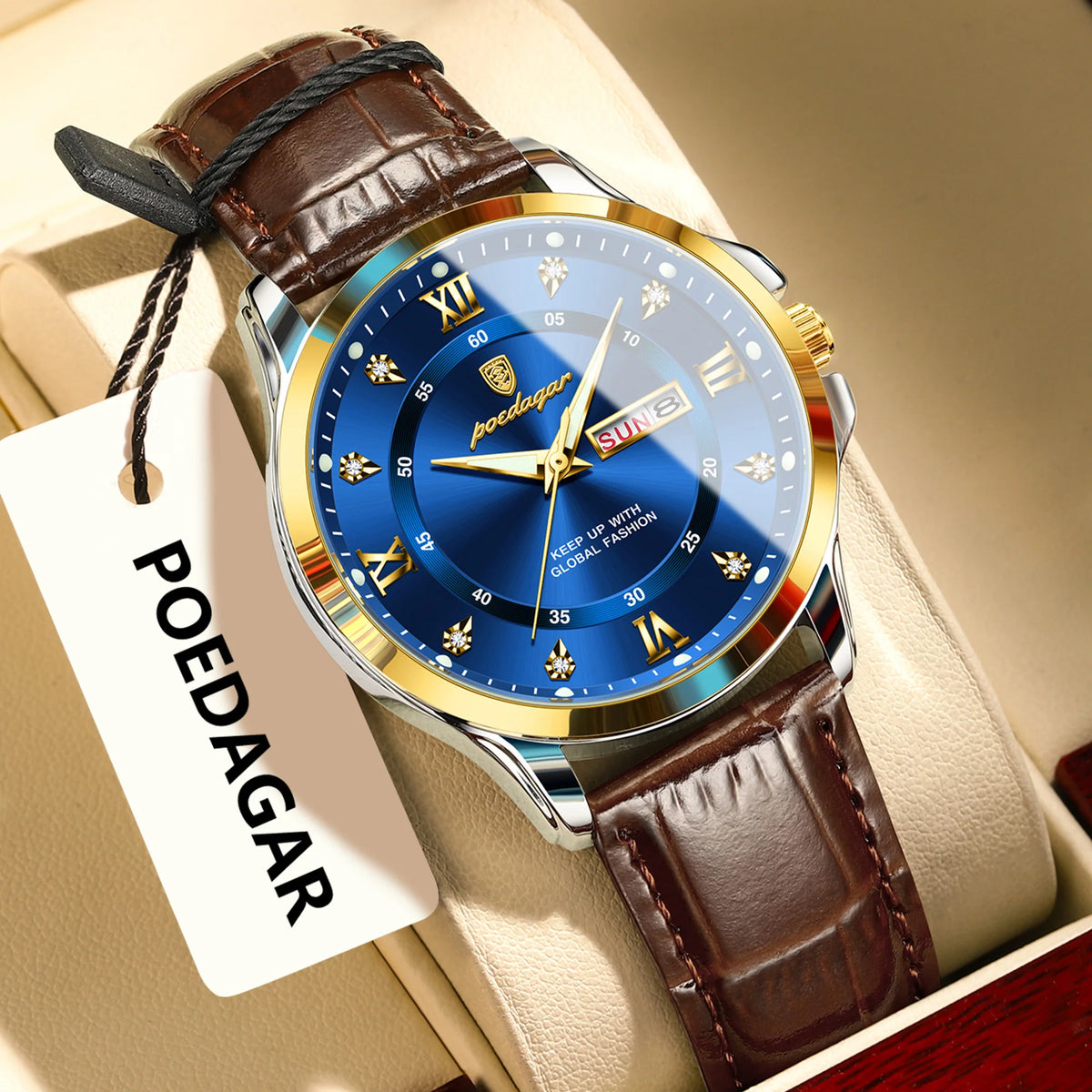 Poedagar 855 Men's Luxury Quartz Watch – Leather Strap, Waterproof, Luminous, Date