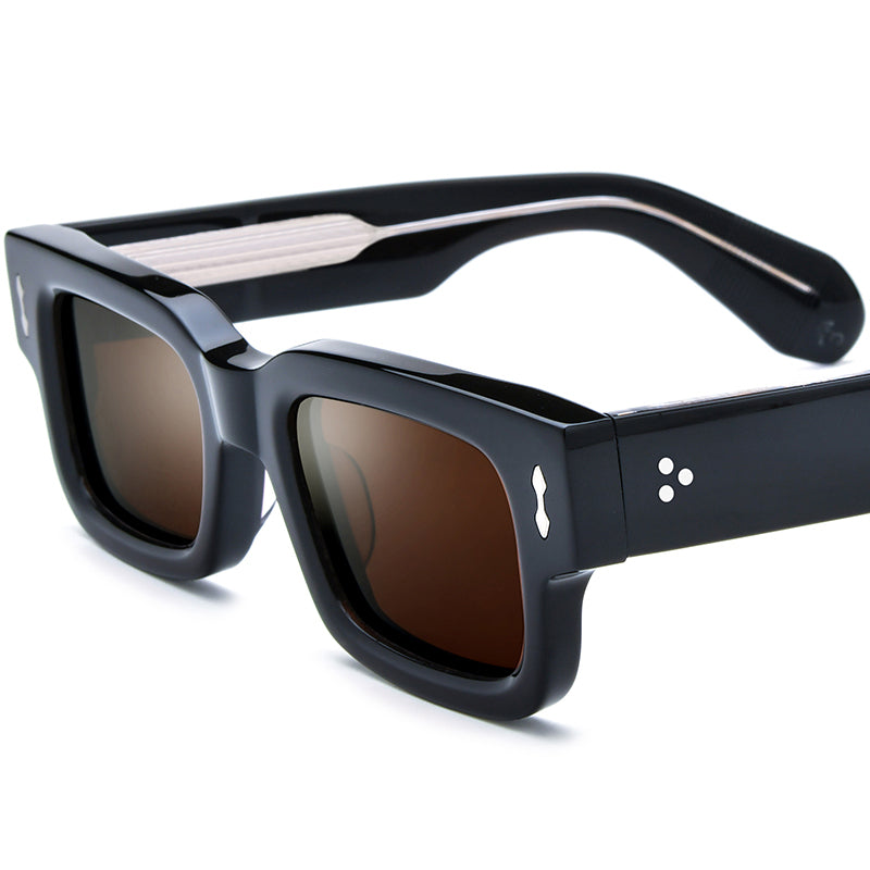 Vintage Square Acetate Polarized Mirrored Sunglasses UV400 - Black Transparent Brown Lens - MCROONS