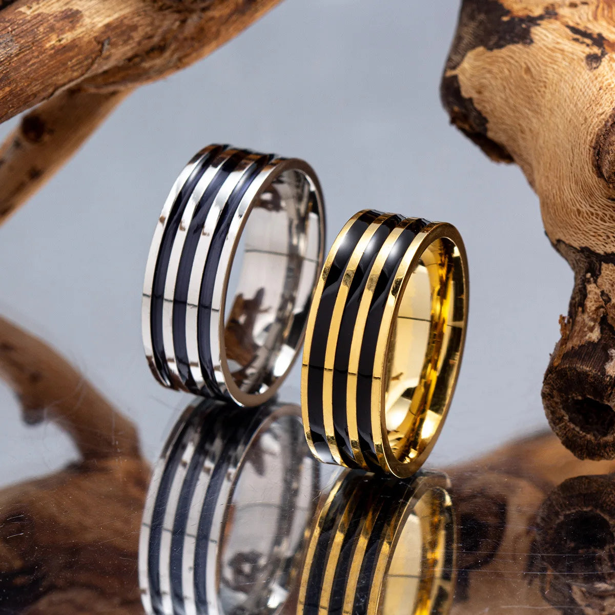 Stainless Steel 8Mm Wide Black Enamel Lines Men'S Ring Simple Fashion Gold Plated Color Ring Customized Man Jewelry Rings