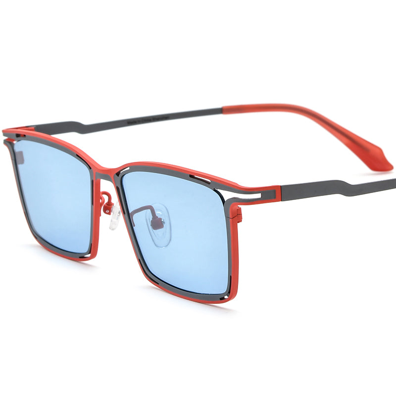 Colourful Titanium Square Polarised Sunglasses Retro - MCROONS - Red Gray Frame Blue Lens