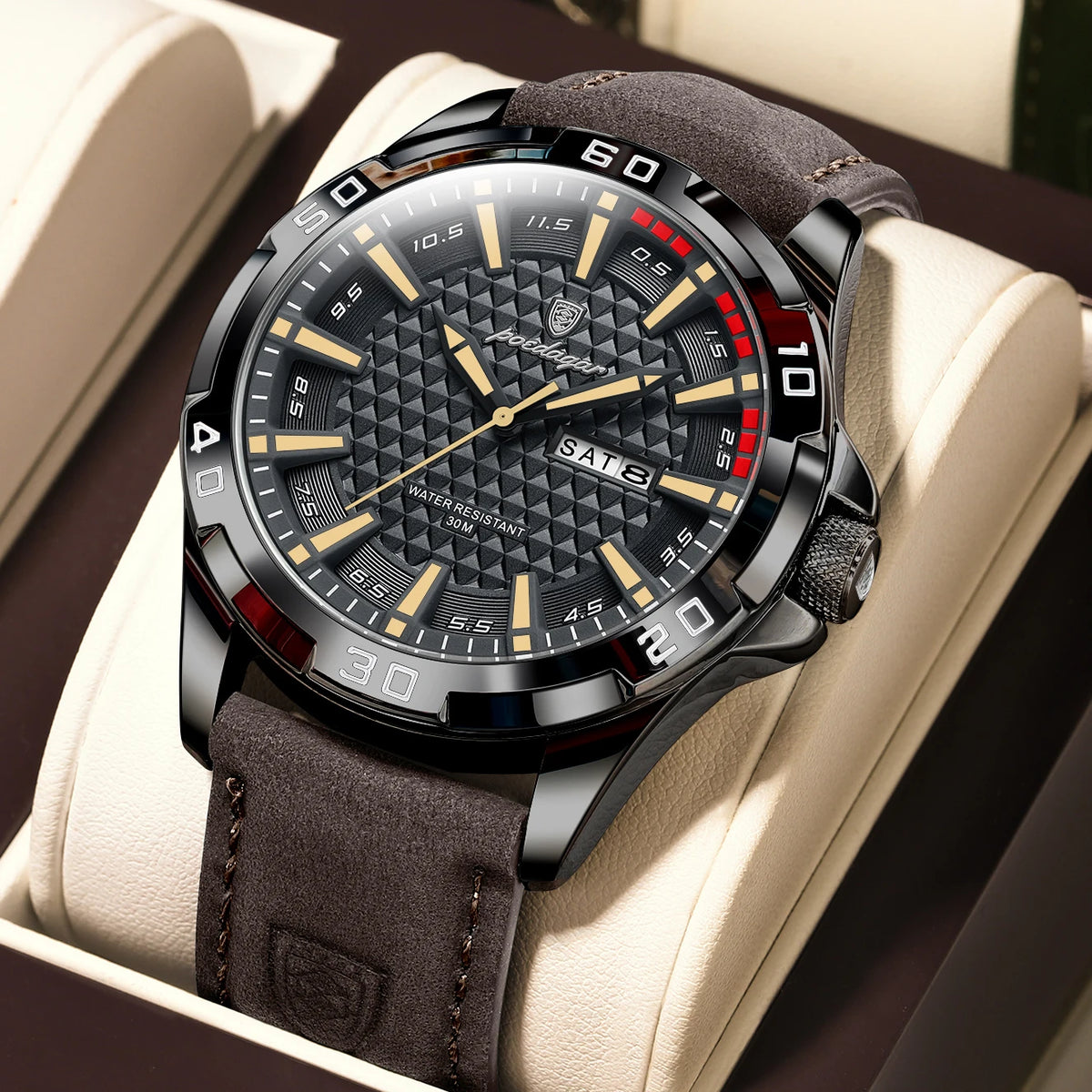 Poedagar 895 Men's Luxury Quartz Watch – Leather Strap, Waterproof, Luminous, Date