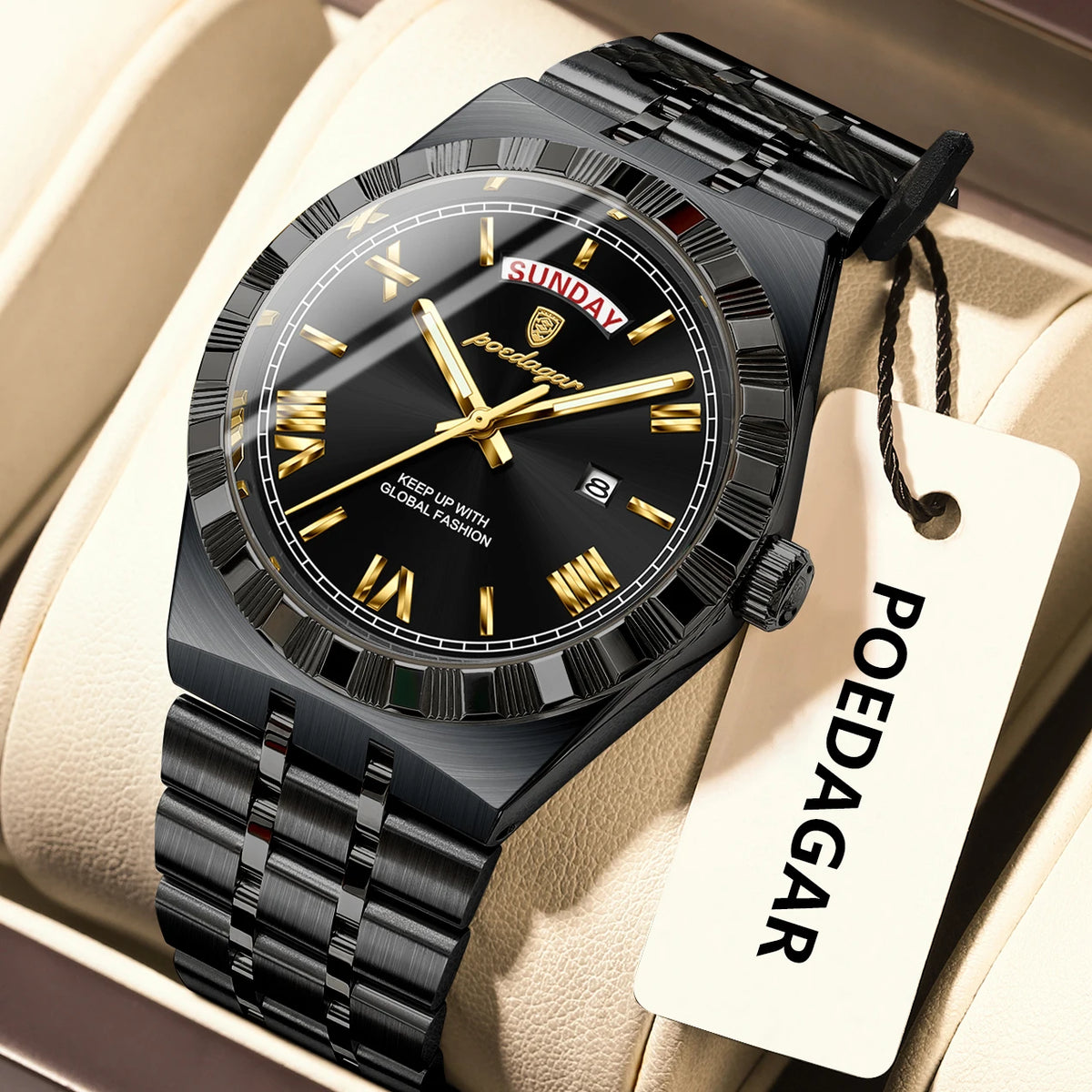 Poedagar 675 Men's Luxury Quartz Watch – Stainless Steel Band, Waterproof, Luminous, Date
