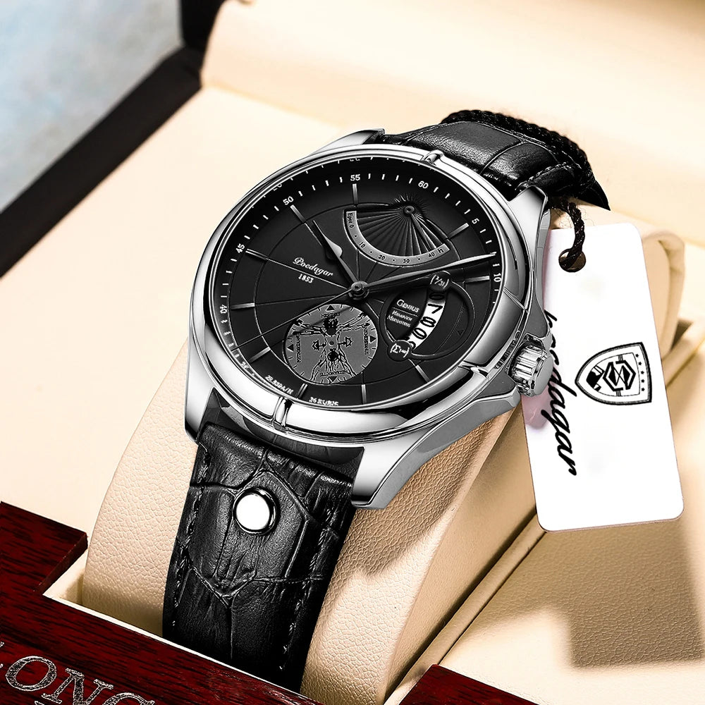 Poedagar 802 Men's Luxury Quartz Watch – Leather Strap, Waterproof, Date