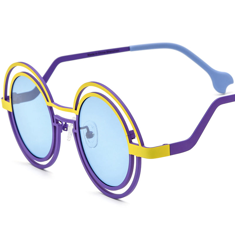 Colourful Titanium Double-Ring Round Polarised Sunglasses - Yellow Purple Frame Blue Lens - MCROONS