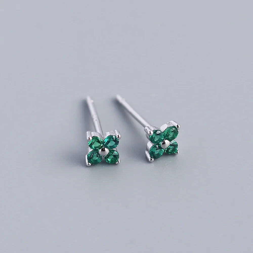 KR Simple Diamond S925 Silver INS Four Leaf Flower Earrings Sweet and Small Colorful Flower Earrings