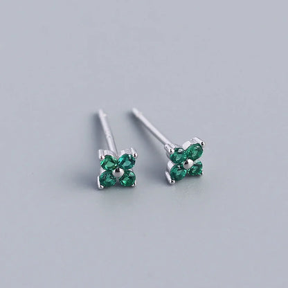 KR Simple Diamond S925 Silver INS Four Leaf Flower Earrings Sweet and Small Colorful Flower Earrings