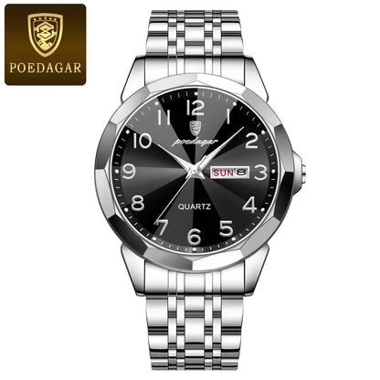 Poedagar 852 Men's Luxury Quartz Watch – Stainless Steel Band, Waterproof, Luminous, Date