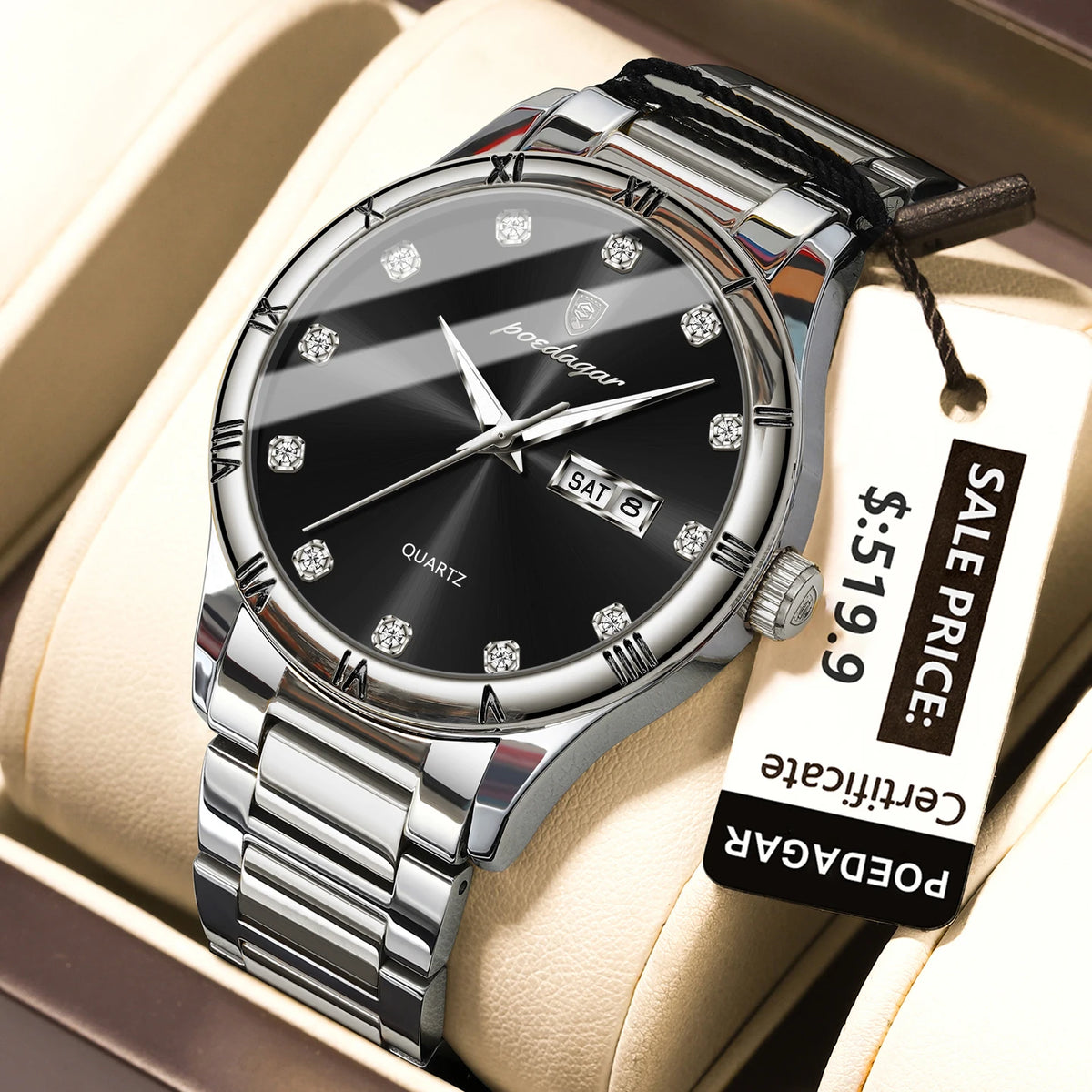 Poedagar 878 Men's Sport Quartz Watch – Stainless Steel Band, Waterproof, Luminous, Date