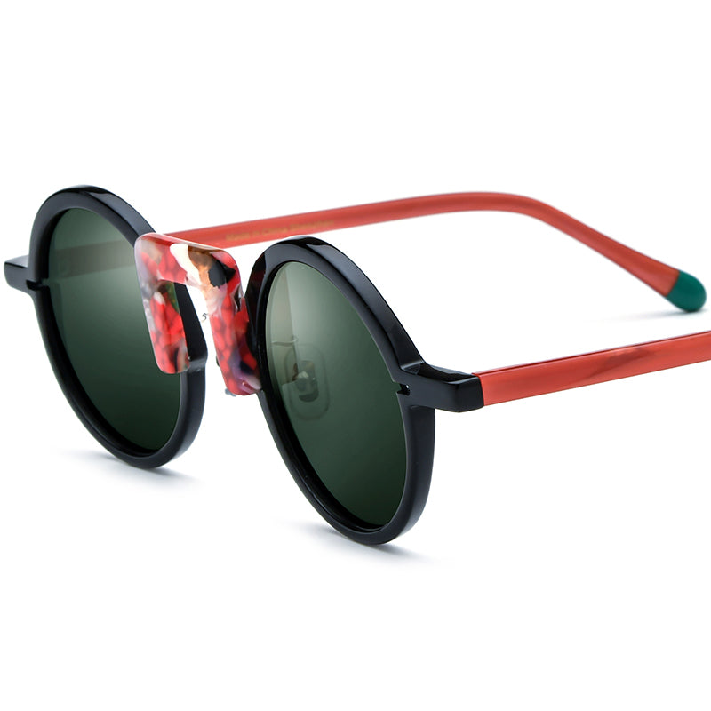 Acetate Round Polarized Sunglasses Vintage Mirrored - Black Red Dark Green Lens - MCROONS