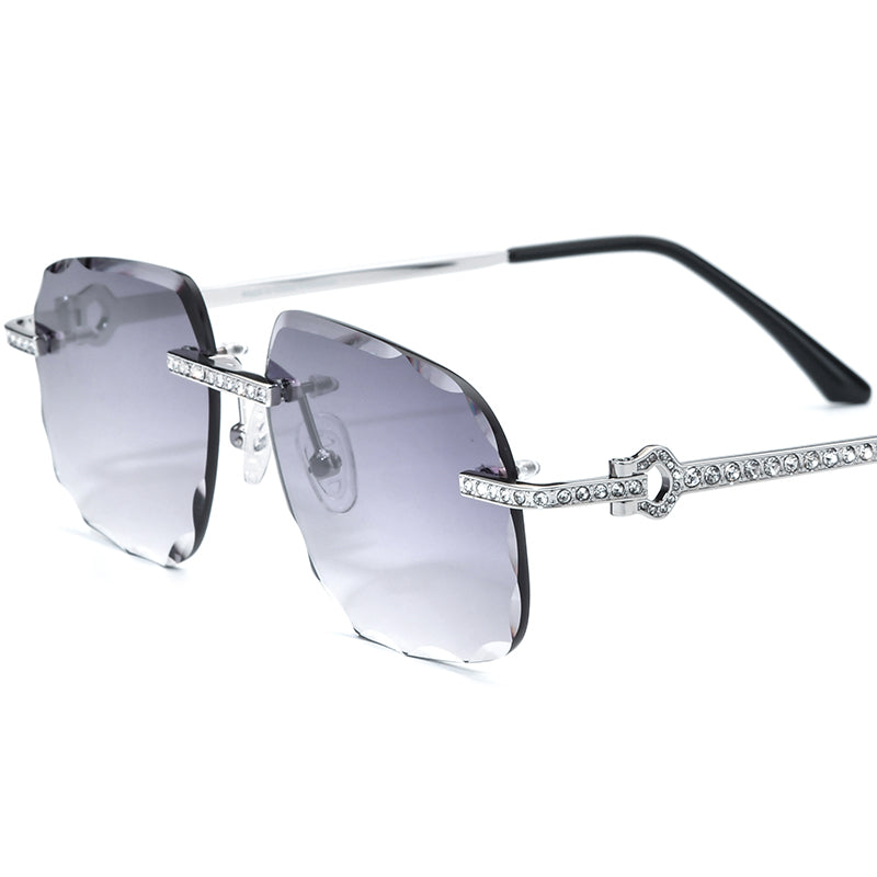Designer Rimless Diamante Square Sunglasses - Silver Gray Lens - MCROONS
