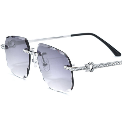 Designer Rimless Diamante Square Sunglasses - Silver Gray Lens - MCROONS
