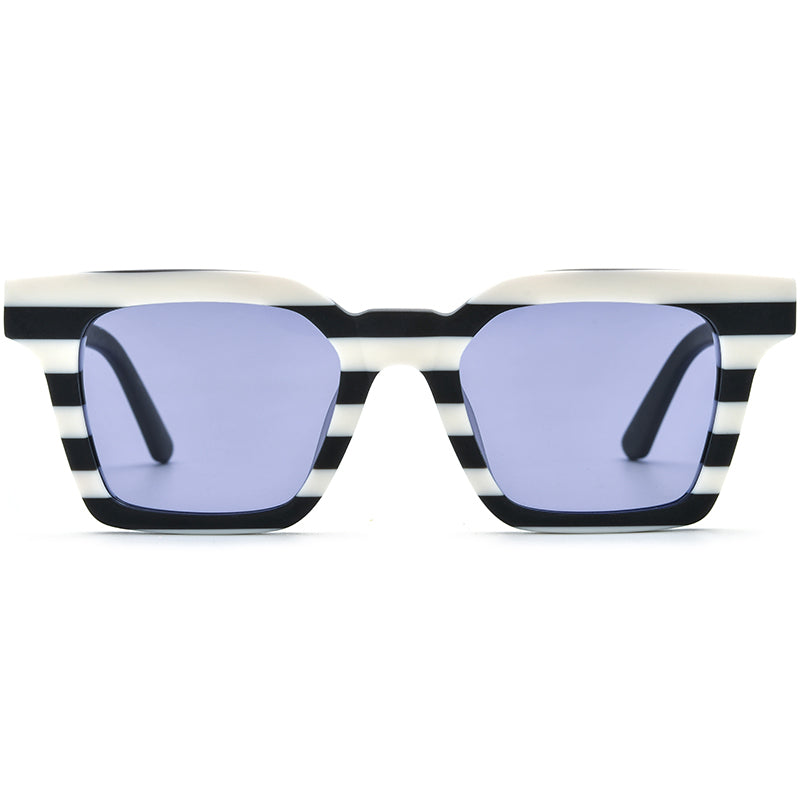 Retro Colour-Block Acetate Square Polarized Sunglasses - MCROONS - Black White Purple Lens front view
