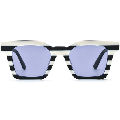 Retro Colour-Block Acetate Square Polarized Sunglasses - MCROONS - Black White Purple Lens front view