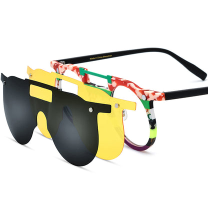 Round Acetate Optical Glasses Frame with Magnetic Clip-On Sunglasses - Red Green - MCROONS