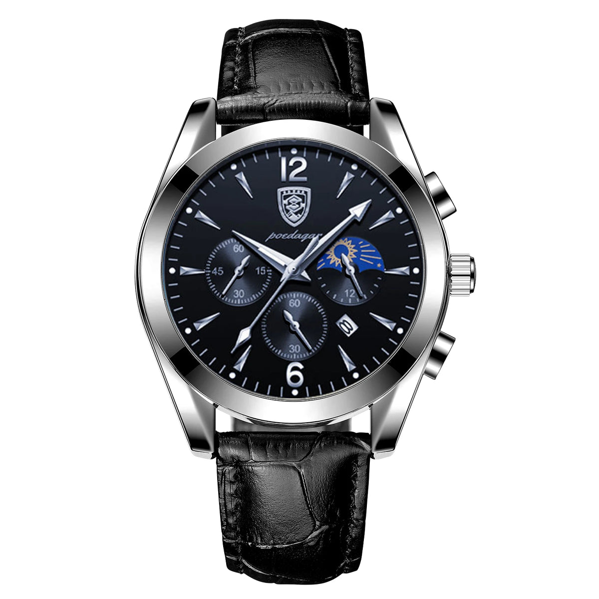 Poedagar 8298 Men's Sport Chronograph Quartz Watch – Leather Strap, Waterproof, Luminous, Date