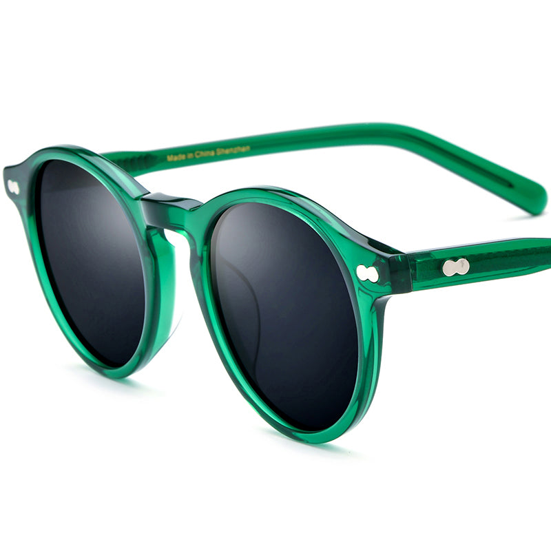 Retro Round Acetate Polarized Mirrored Sunglasses UV400 - Green Gray Lens - MCROONS