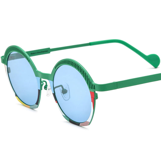 Retro Oval Titanium Polarized Sunglasses UV400 - Green Blue Lens - MCROONS