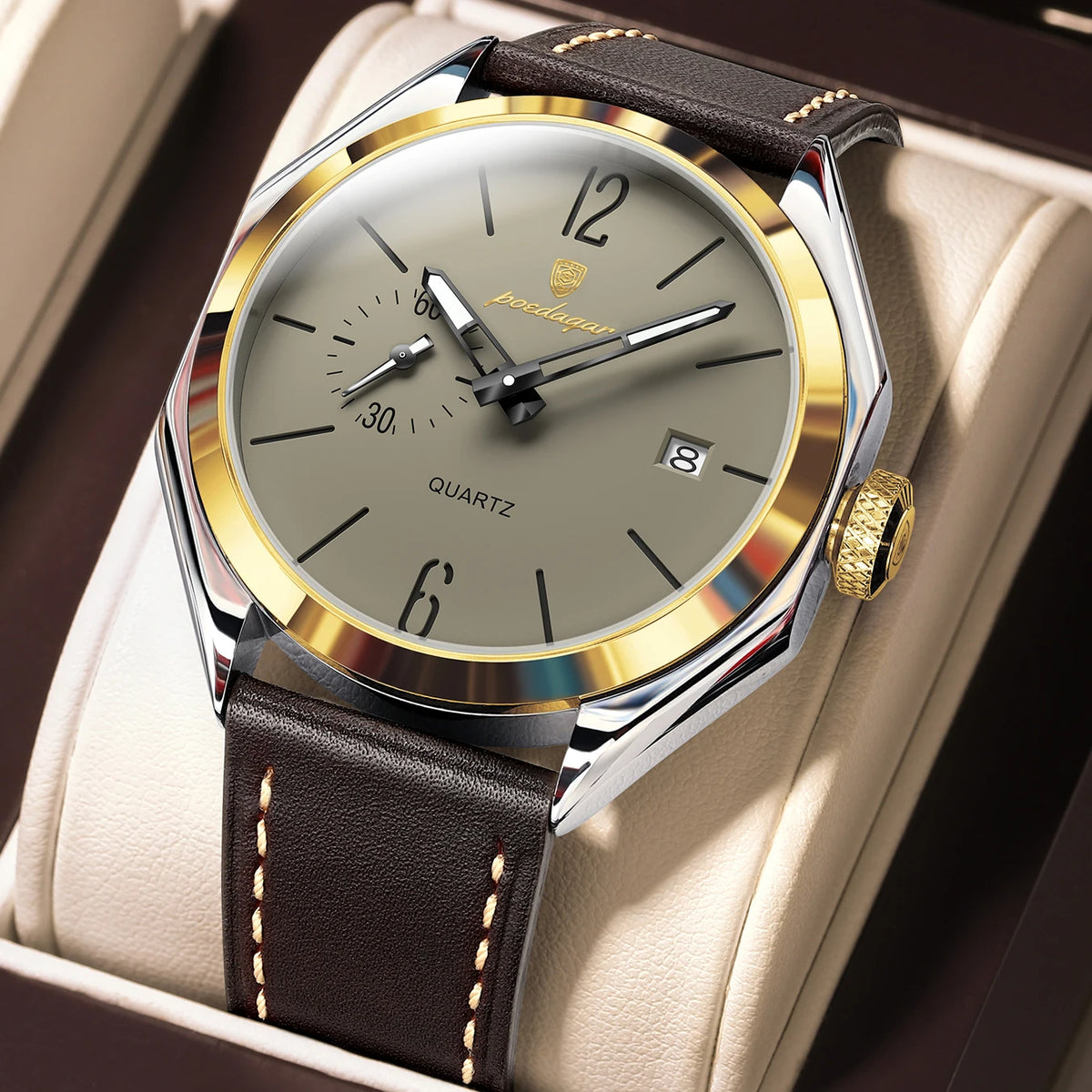Poedagar 689 Men's Luxury Quartz Watch – Leather Strap, Waterproof, Luminous, Date