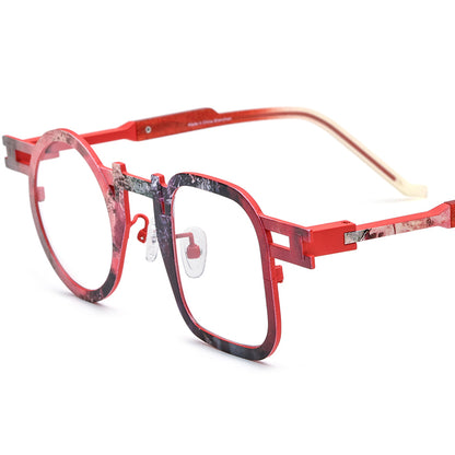 Colourful Print Titanium Square Optical Glasses Frame - Red - MCROONS