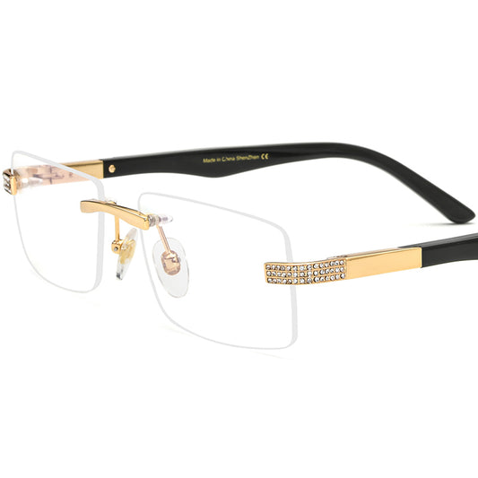 Diamante Rimless Square Buffalo Horn Optical Glasses Frame - Black - MCROONS