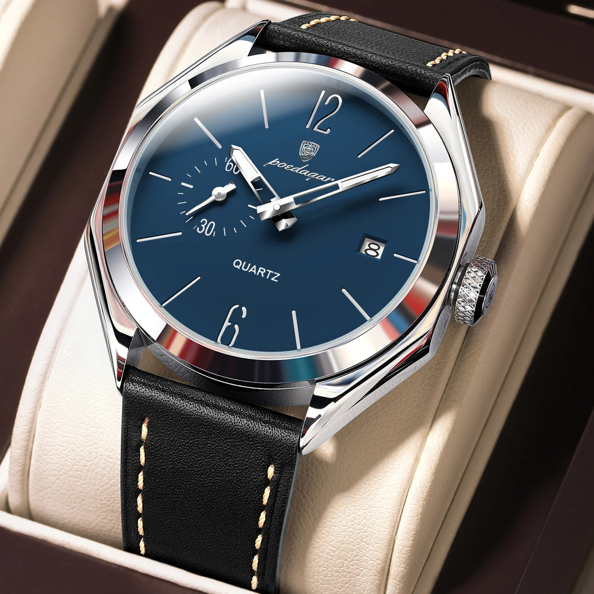 Poedagar 689 Men's Luxury Quartz Watch – Leather Strap, Waterproof, Luminous, Date