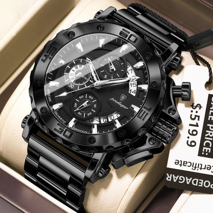 Poedagar 892 Men's Luxury Chronograph Quartz Watch – Stainless Steel Band, Waterproof, Luminous, Date