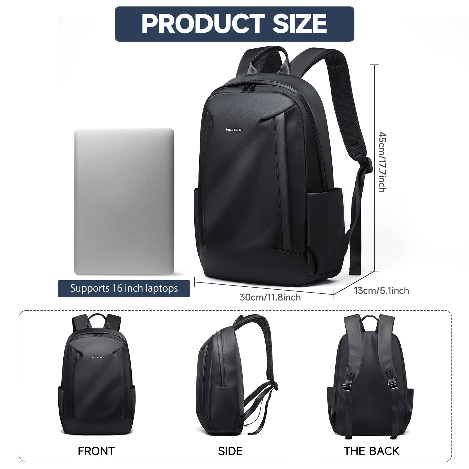 Mate Elan Black Men'S Backpack Oxford Anti-Theft Bags Waterproof 16-Inch Laptop Backpack for Men Business Travel School Knapsack