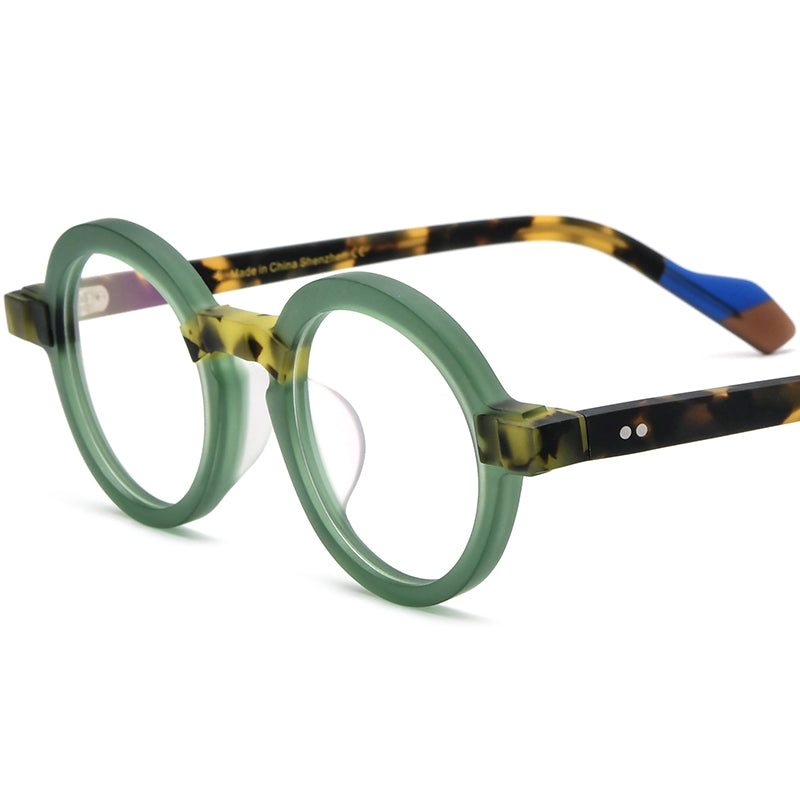 Colourblock Round Acetate Optical Glasses Frame - Matte Green - MCROONS