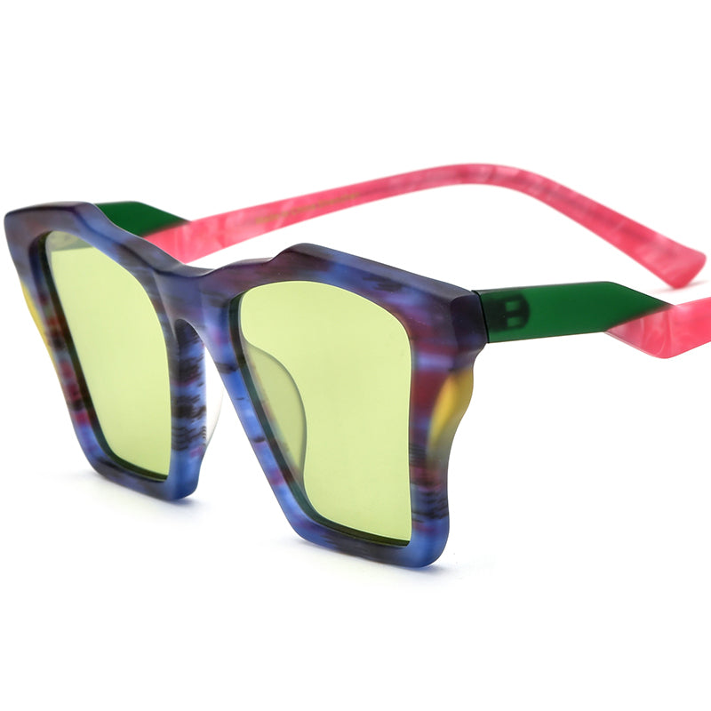 Retro Cat Eye Acetate Polarized Sunglasses - Blue Stripe Green Lens - MCROONS