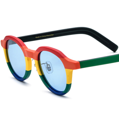 Vintage Oval Matte Acetate Polarized Sunglasses UV400 - Red Stripe Blue Lens - MCROONS