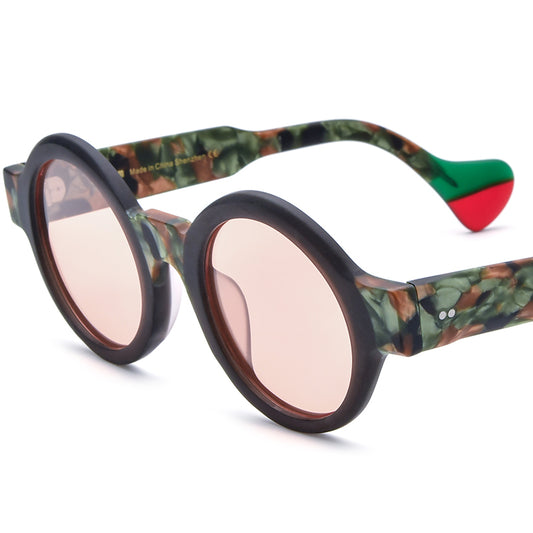 Vintage Multicolour Round Matte Acetate Polarized Sunglasses UV400 - Matte Brown Pink Lens - MCROONS