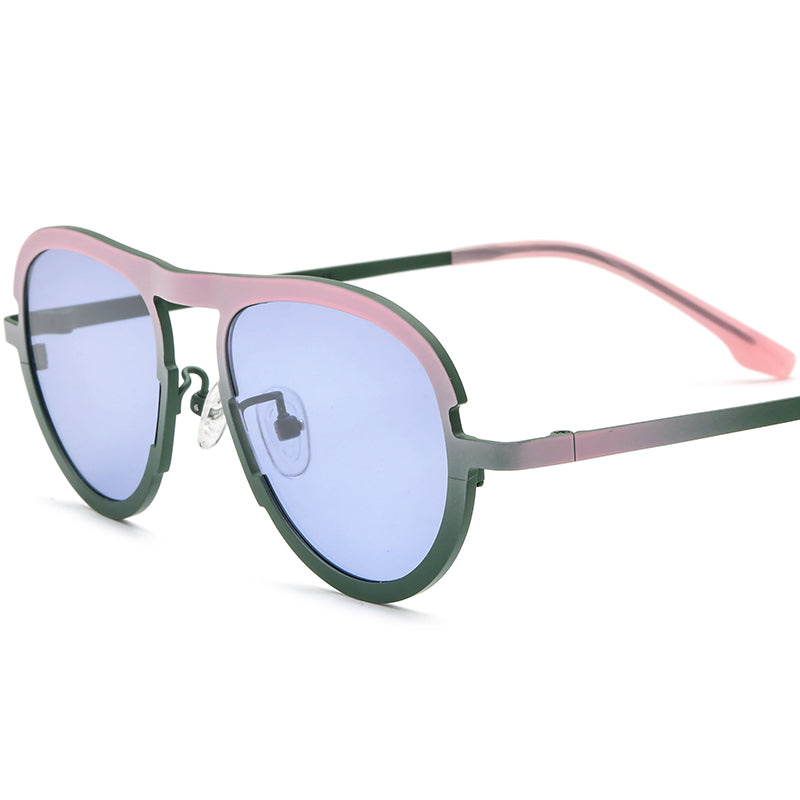 Colourful Titanium Aviator Polarised Sunglasses - Pink Green Frame Purple Lens - MCROONS