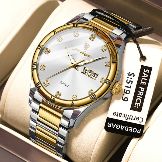 Poedagar 878 Men's Sport Quartz Watch – Stainless Steel Band, Waterproof, Luminous, Date