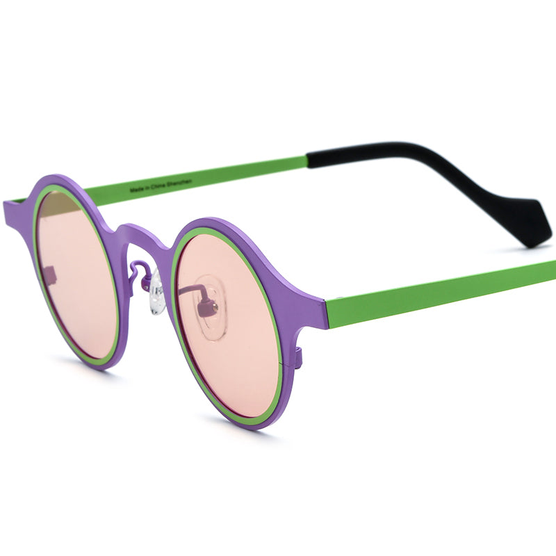 Colourful Titanium Round Polarised Sunglasses - Purple Frame Pink Lens - MCROONS