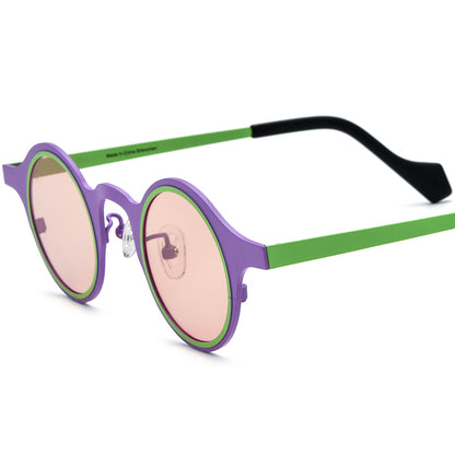 Colourful Titanium Round Polarised Sunglasses - Purple Frame Pink Lens - MCROONS