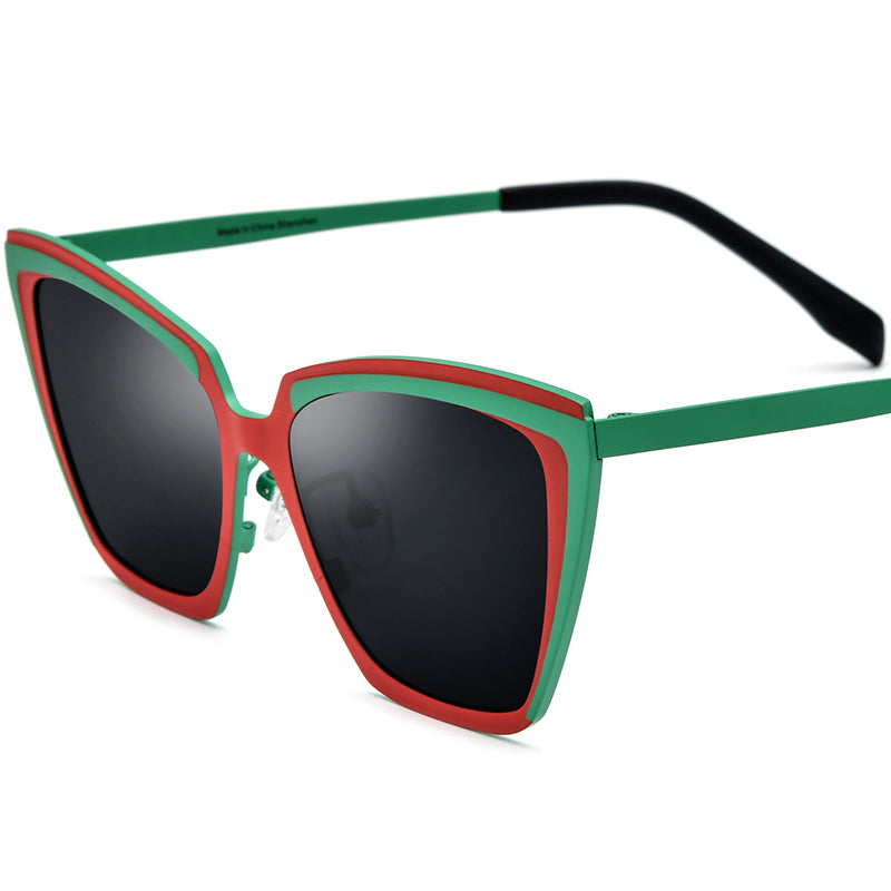 Colourful Titanium Cat Eye Polarised Sunglasses - Red Green Frame Gray Lens - MCROONS