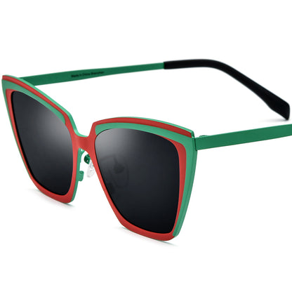 Colourful Titanium Cat Eye Polarised Sunglasses - Red Green Frame Gray Lens - MCROONS
