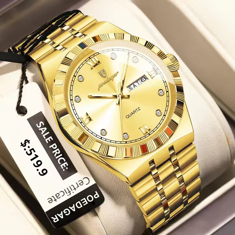 Poedagar 872 Men's Luxury Quartz Watch – Stainless Steel Band, Waterproof, Luminous, Date