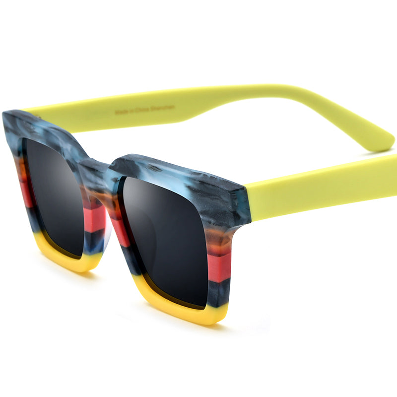 Retro Colour-Block Acetate Square Polarized Sunglasses - Red Yellow Gray Lens - MCROONS