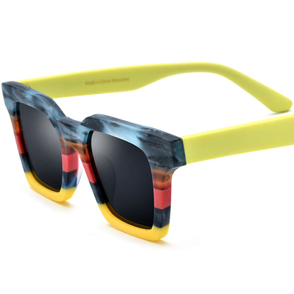 Retro Colour-Block Acetate Square Polarized Sunglasses - Red Yellow Gray Lens - MCROONS