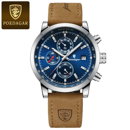 Poedagar 932 Men's Luxury Chronograph Quartz Watch – Leather Strap, Waterproof, Luminous, Date